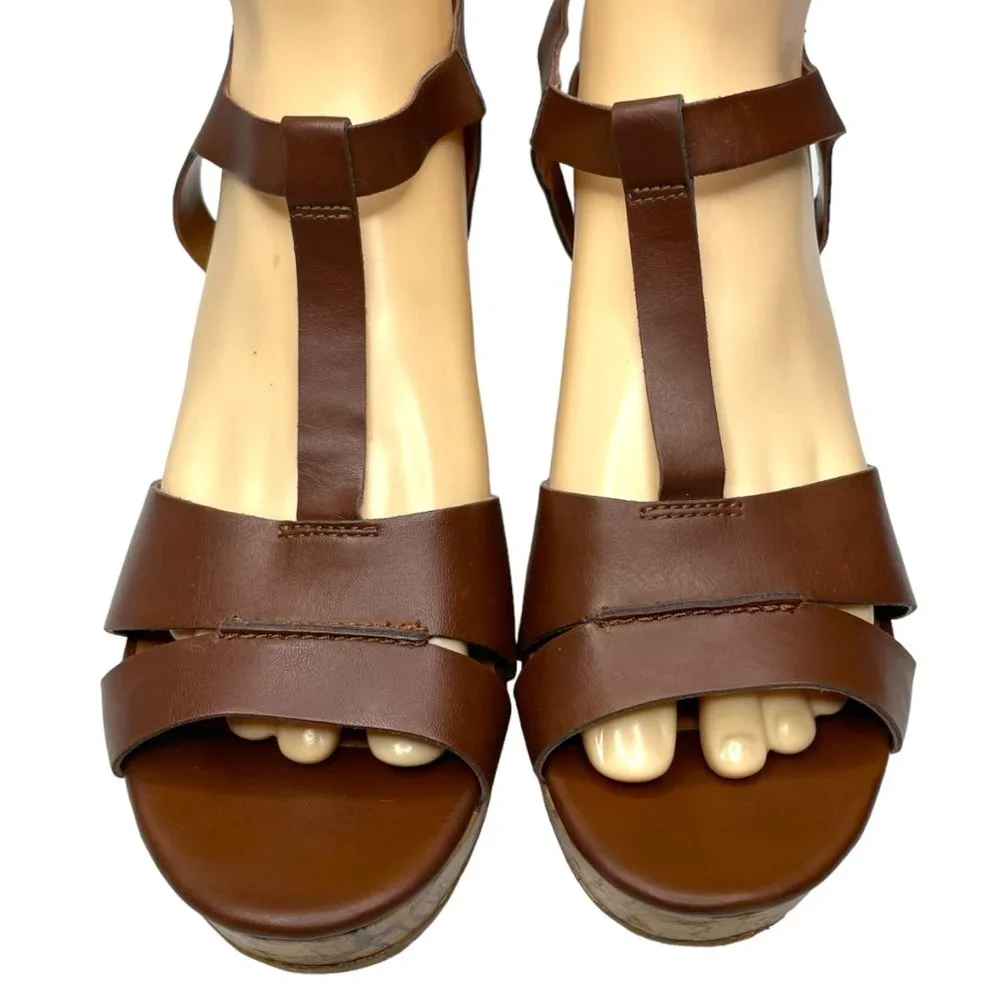 Franco Sarto Womens Brown Faux Leather Strappy Platform Wedge‎ Sandal Size 9.5M